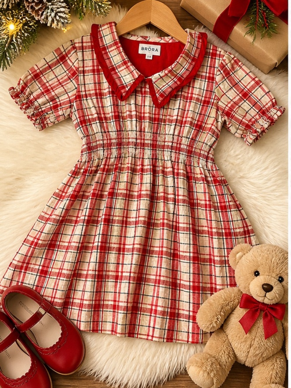 Brora Girls 7-8‎ Red Plaid Dress Peter Pan Collar Smocked Holiday
